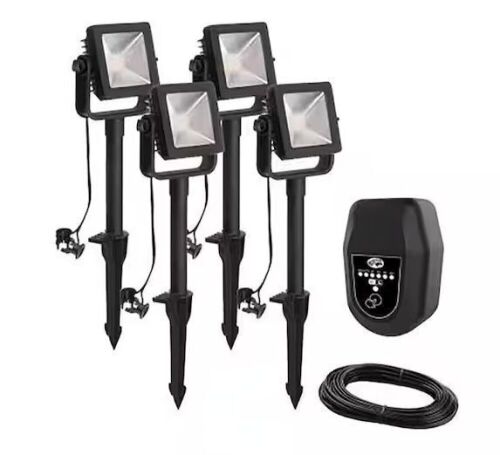 Hampton Bay 350 Lumen Low Voltage Black Plug-In Integrated LED Outdoor Landscape Flood Light, 4-Pack - Lot 659