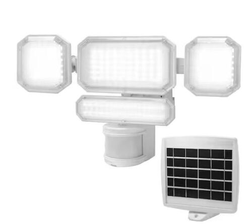 Defiant 270° White Motion Sensor Solar Powered Outdoor 4-Head LED Security Flood Light 3000 Lumens & MaxDetect 240° White Motion Sensor Wired Outdoor 3-Head LED Security Flood Light 3000 Lumens - Lot 864