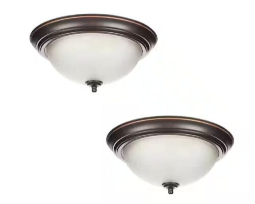 Commercial Electric 13 in. 2-Light Oil Rubbed Bronze Flush Mount with Frosted Glass Shade, 2-Pack - Lot 467