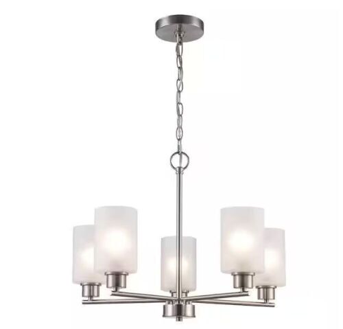 Hampton Bay Cawthon 5-Light Brushed Nickel Chandelier Light Fixture with Frosted Glass Shades - Lot 553