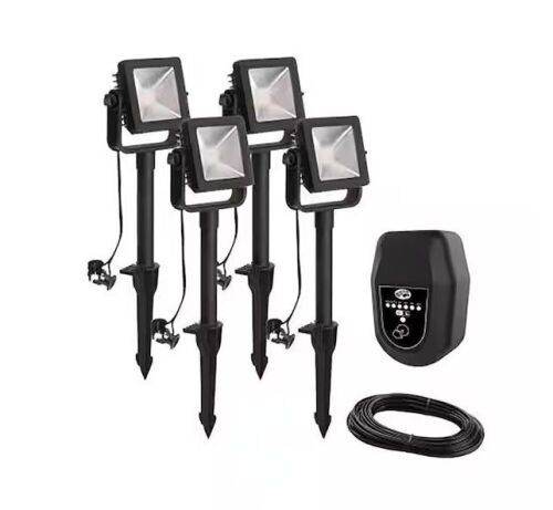 Hampton Bay 350 Lumen Low Voltage Black Plug-In Integrated LED Outdoor Landscape Flood Light, 4-Pack - Lot 862