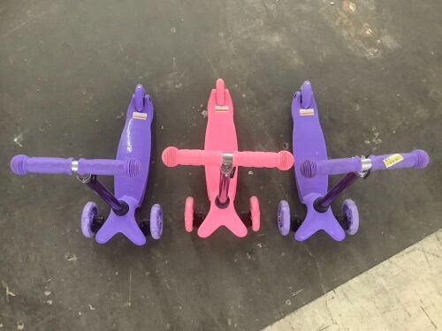 Lot of (3) Kids Mini Kick Scooter Toy w/ Colorful Light-Up Wheels, Adjustable T-Bar - Lot 326