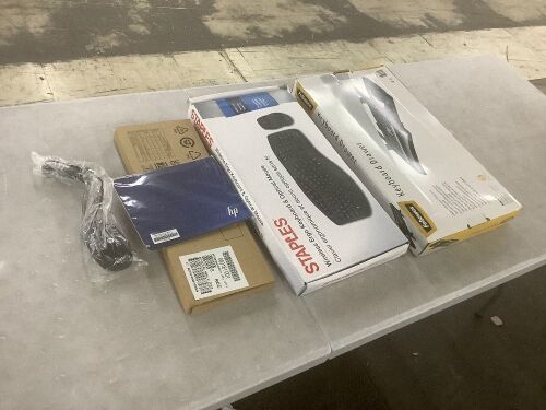 Lot of HP Mouse, Mousepad & Slim Keybaord, Staples Keyboard & Mouse Combo (Missing Dongle) & Fellowes Keybaord Drawer - Lot 593
