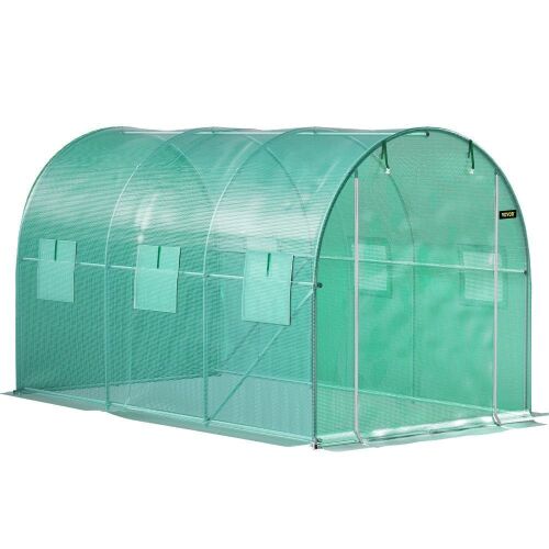 VEVOR Walk-in Tunnel Greenhouse, 12 x 7 x 7 ft, 1 Top Beam, Diagonal Poles, Zippered Door & 6 Roll-up Windows, Green - Lot 103