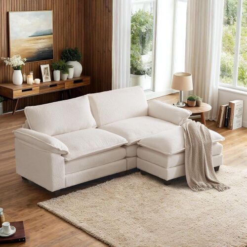 VINGLI 85.4" L-Shaped Loveseat Comfortable Sectional Sofa Couch, Teddy Velvet-Beige - Lot 11