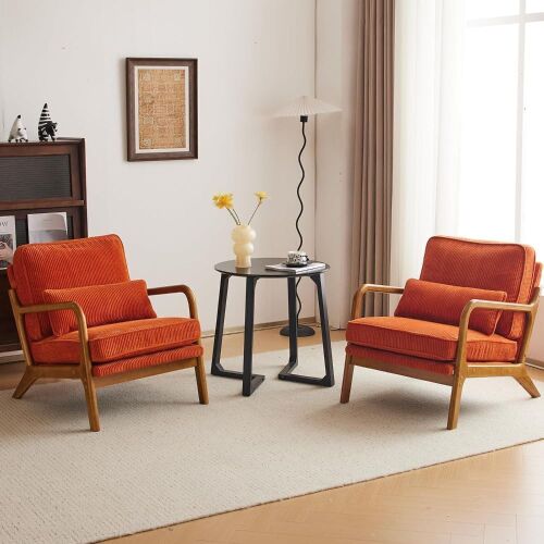Mid-Century Modern Upholstered Lounge Arm Chair with Solid Wood Frame, Corduroy Burnt Orange, Set of 2 - Lot 47
