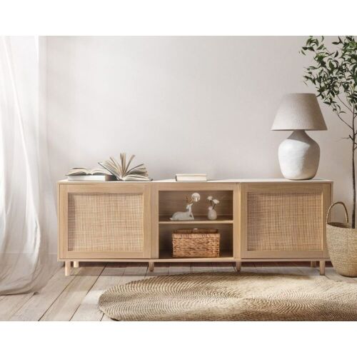  Rattan TV Stand Entertainment Center with 2 Side Natural Rattan Doors, for 75+ inch TV - Lot 233