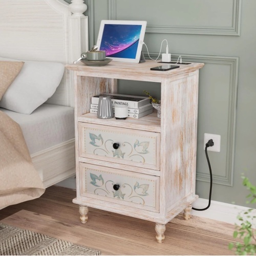VINGLI Wooden 2-Drawers Nightstand with Carved Flower Pattern - Lot 26
