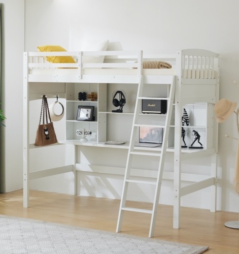 Ktaxon Twin Size Loft Bed with Desk, Wooden Loft Bed with Shelves, Ladder - Lot 32