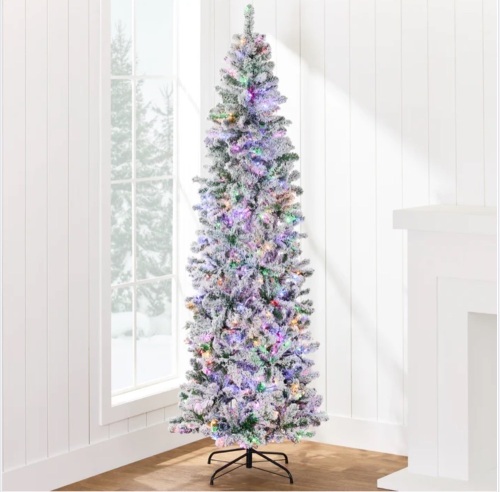Pre-Lit Snow Flocked Artificial Pencil Christmas Tree w/ Multicolor Lights - Lot 253