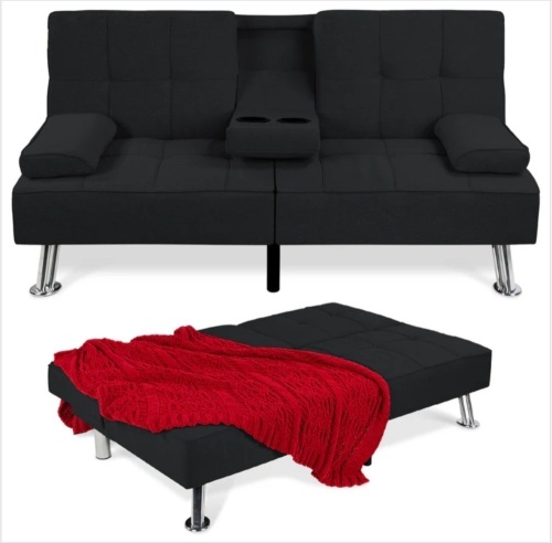 Linen Upholstered Convertible Sofa Bed Futon w/ 2 Cupholders - Lot 263