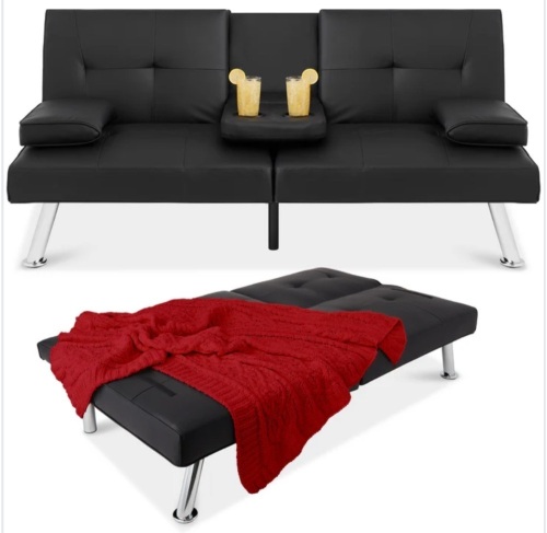 Faux Leather Upholstered Convertible Sofa Bed Futon w/ 2 Cupholders - Lot 165
