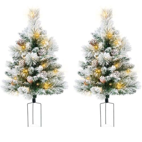 Set of 2 Pre-Lit Pathway Christmas Trees w/ Pine Cones, Timer - 24.5in - Lot 712