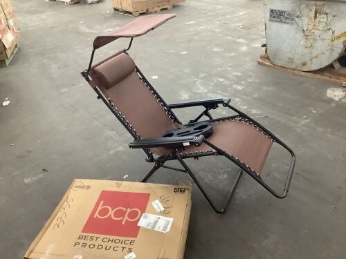 Folding Zero Gravity Recliner Patio Lounge Chair w/ Canopy, Side Tray - Lock Knob Broken  - Lot 181