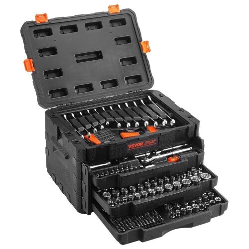 VEVOR Mechanics Tool Set and Socket Set, 1/4" 3/8" 1/2" Drive Deep and Standard Sockets, 450 Pcs SAE and Metric Mechanic Tool Kit with Bits, Hex Wrenches, Combination Wrench, Accessories, Storage Case - Lot 71
