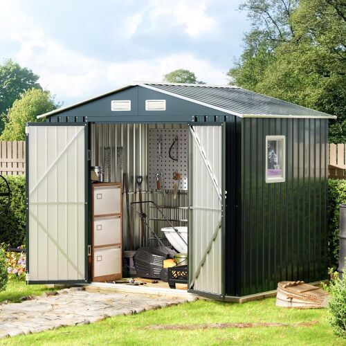  Outdoor Steel Storage Shed with Lockable Doors, Frame Floor (No Wood/Other Boards), One Clear Window, 6x8x6.4FT - Lot 15