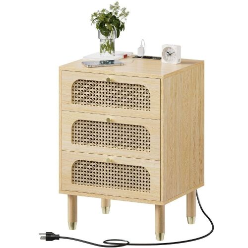 VINGLI Rattan 3-Drawers Nightstand with Charging Station - Lot 148