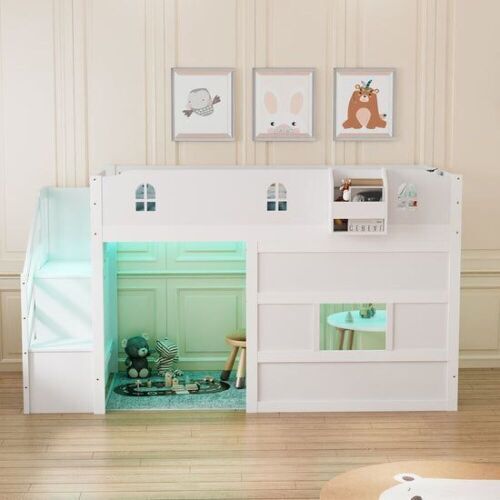 JOYMOR Twin Low Loft Bed with Led Light, Staircase and Book Rack - Lot 16