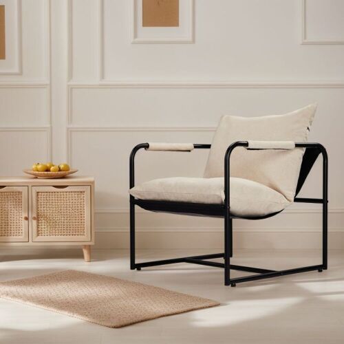 Mid-Century Sling Accent Chair with Beige Cushion - Lot 495