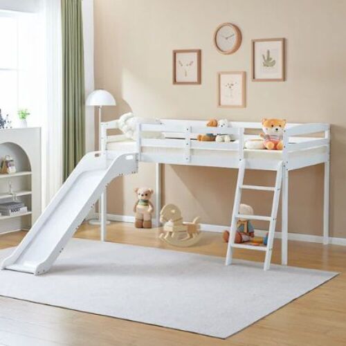 Joymor Twin Size Low Loft Bed with Slide and Ladder, Pine Wood - Lot 38