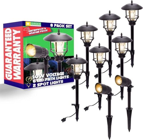 GreenLighting Low Voltage Modern Vintage Path Stake Lights and Spot Lights Set of 8  - Lot 267