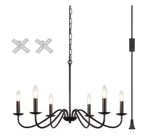 6-Light Black Dimmable Farmhouse Candle Plug-In Chandelier - Lot 869