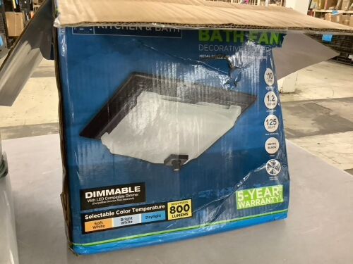 Decorative Square Matte Black 110 CFM Ceiling Bathroom Exhaust Fan with LED Light Panel and Glass Globe - Water Damaged Box  - Lot 876