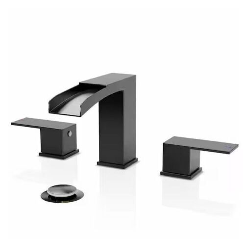 Phiestina 2 Handles Waterfall Bathroom Faucet for 3 Holes Sink with Pop Up Drain Assembly and Water Supply Lines in Matte Black - Lot 476