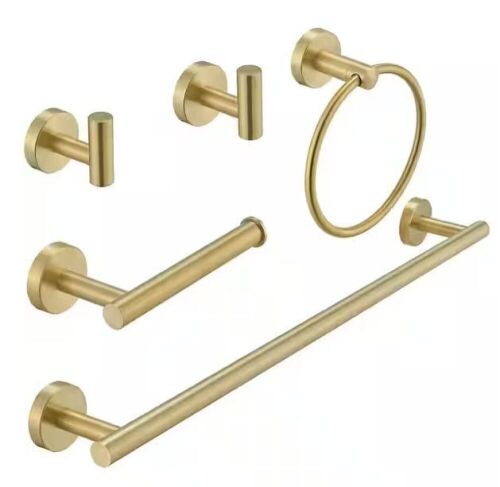 BWE 5-Piece Bath Hardware with Towel Bar Towel Hook Toilet Paper Holder and Towel Ring Set in Brushed Gold - Lot 256