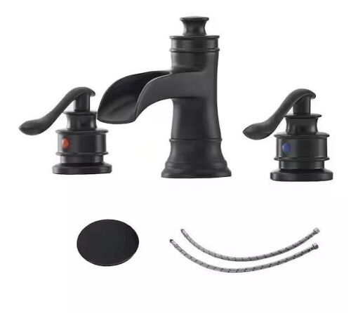 BWE 8 in. Waterfall Widespread 2-Handle Bathroom Faucet With Pop-up Drain Assembly in Spot Resist Matte Black - Lot 335