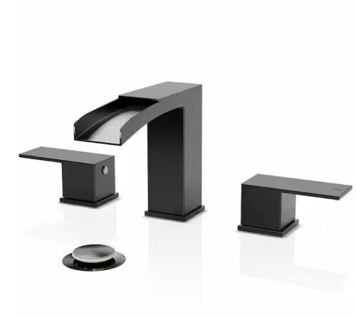Phiestina 2 Handles Waterfall Bathroom Faucet for 3 Holes Sink with Pop Up Drain Assembly and Water Supply Lines in Matte Black - Lot 337