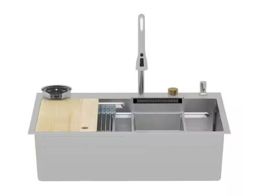 33.2 in. W Drop-In Single Bowl Silver Stainless Steel Kitchen Sink Workstation Set With Waterfall, Pull-Down Faucet - Lot 42