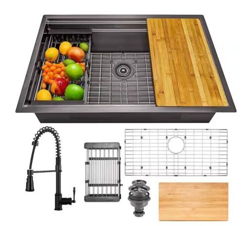 AKDY All-in-One Matte Black Finished Stainless Steel 32 in. x 18 in. Undermount Kitchen Sink with Spring Neck Faucet - Lot 39