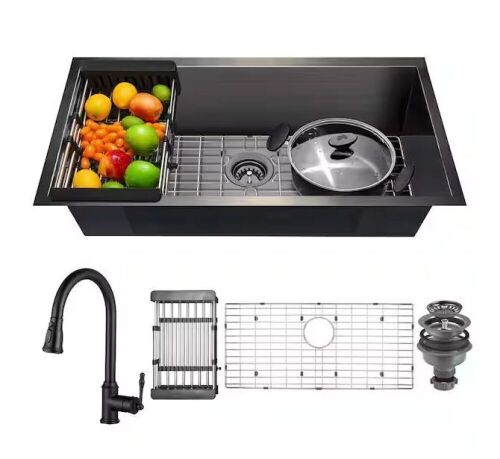 AKDY All-in-One Matte Black Finished Stainless Steel 32 in. x 18 in. Undermount Single Bowl Kitchen Sink with Faucet - Lot 53