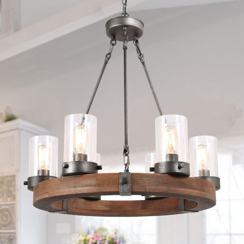 Wood Round Wagon Wheel 6-Light Fixture with Seeded Glass Shades - Lot 106