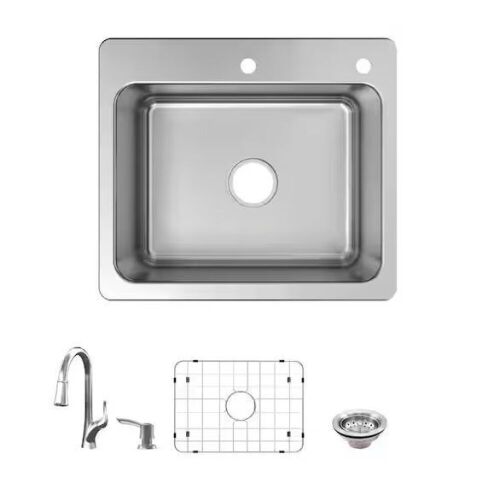 Glacier Bay Bratten 25 in. Drop-In Single Bowl 18 Gauge Stainless Steel Kitchen Sink with Pull-Down Faucet - Lot 75