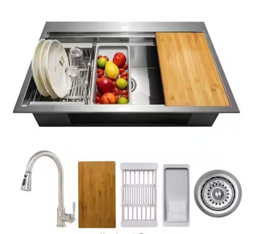 AKDY Handmade All-in-One Drop-in Stainless Steel 33 in. x 22 in. Single Bowl Workstation Kitchen Sink with Pull-down Faucet - Lot 63