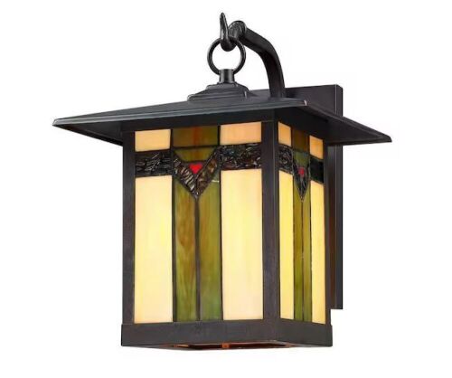 Lot of (2) Hukoro 1-Light 12.in Outdoor Lantern Wall Sconce with Antique Bronze Finish and Tiffany Glass - Lot 553