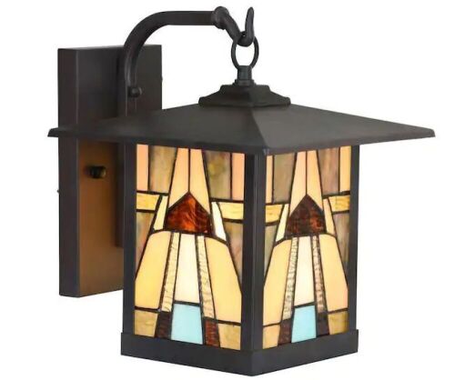 Lot of (2) River of Goods Mission 1-Light Oil Rubbed Bronze Hardwired Outdoor Wall Lantern Sconce with Rich Brown Stained Glass - Lot 554