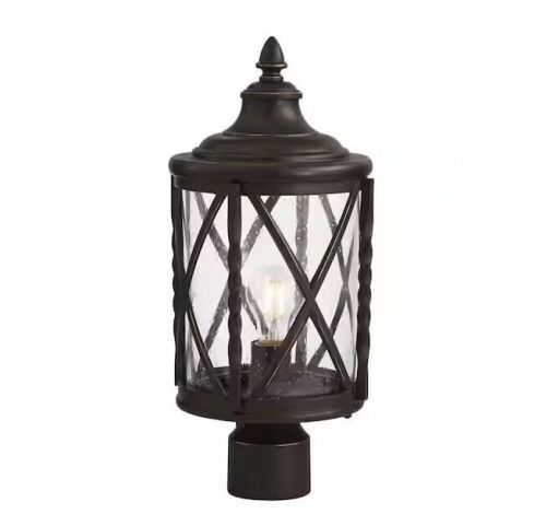 Home Decorators Collection Walcott Manor 1-Light Antique Bronze Outdoor Transitional Post Light with Clear Seeded Glass - Lot 559