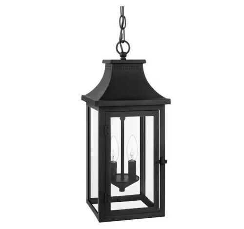 Hampton Bay Flaxton 19.25 in. 2-Lights Black Hanging Outdoor Pendant Light with Clear Glass  - Lot 654