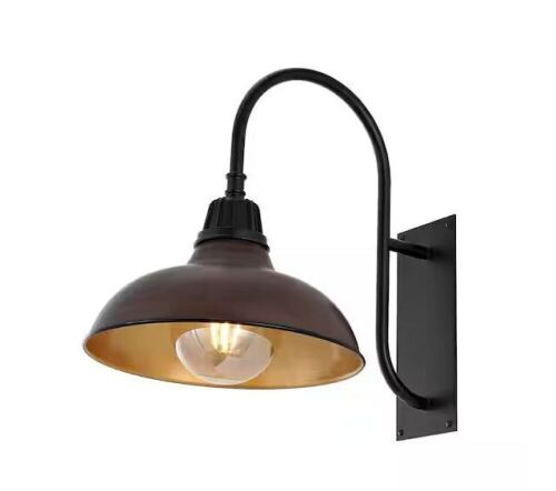 JONATHAN Y Stanley 12.25 in. Wood Finish/Copper 1-Light Farmhouse Industrial Indoor/Outdoor Iron LED Gooseneck Arm Outdoor Sconce - Lot 449