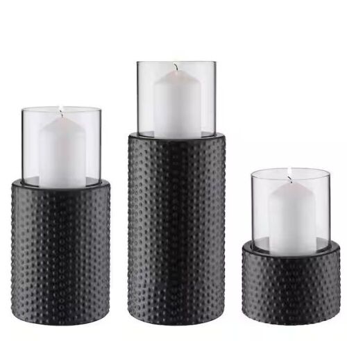 DANYA B Contemporary Candle Holders with Clear Glass Hurricanes and Textured Metal Base, Set of 3 - Lot 756