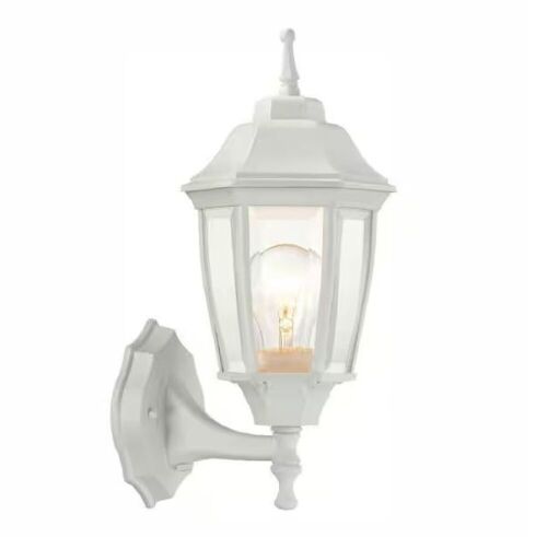 Hampton Bay 14.37 in. White Dusk to Dawn Decorative Outdoor Wall Light Lantern Sconce - Lot 850