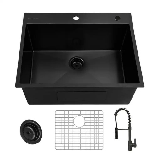 Glacier Bay 25 in. Drop-In Single Bowl 18 Gauge Black Stainless Steel Kitchen Sink with Black Spring Neck Faucet - Lot 43