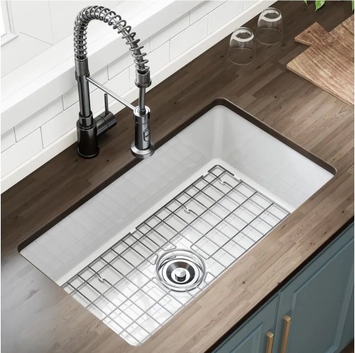 Horow White Fireclay 32 in. Single Bowl Undermount/Drop-In Kitchen Sink with Basket Strainer and Sink Grid - Lot 22