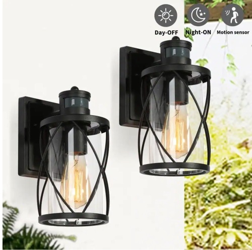 Uolfin 2-Pack Modern Black Drum Outdoor Wall Light TORA 1-Light Motion Sensor Wall Lantern Sconce with Clear Glass Shade - Lot 300