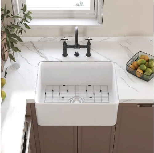 Horow 24 in. Farmhouse Apron Front Undermount Single Bowl White Fireclay Kitchen Sink with Grid and Strainer - Lot 24