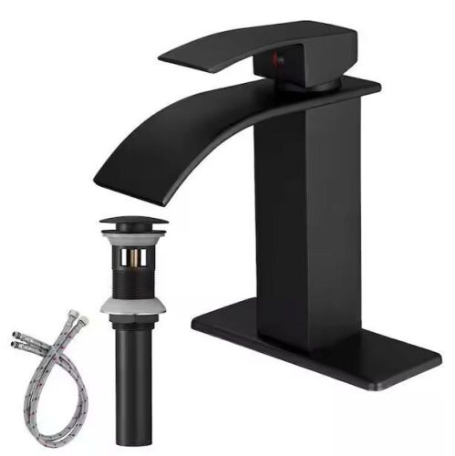HOMEMYSTIQUE Waterfall Single Hole Single-Handle Low-Arc Bathroom Faucet With Pop-up Drain Assembly in Matte Black - Lot 320