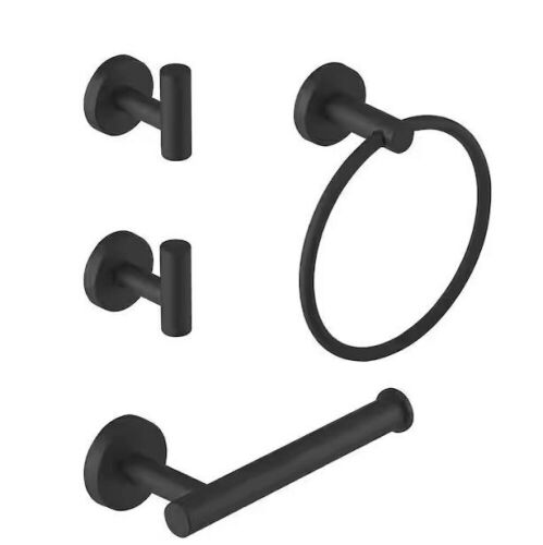 BWE 4-Piece Bath Hardware Set With Robe Hooks, Towel Ring, Toilet Paper Holder Modern in Matte Black - Lot 321